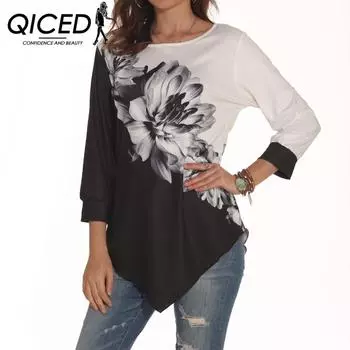 QICED Осенняя напечатанная повседневная рубашка свободного кроя с круглым вырезом и неровным подолом для женщин S чёрный