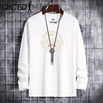 QICED Осенняя одеждаОсенние топы с круглым вырезомПовседневные мужские топы с принтомНижняя рубашка с длинным рукавом S белый