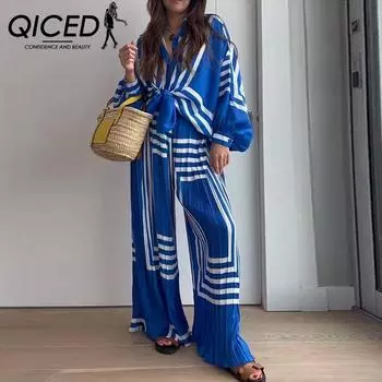 QICED Осенняя женская модная полосатая рубашка с принтом, плиссированный брючный костюм с прямыми штанинами и широкими штанинами S синий