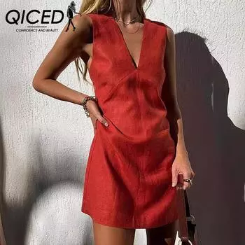 Платье без рукавов из хлопка и льна QICEDV с воротником, летнее, однотонное, облегающее, с юбкой-жилеткой S