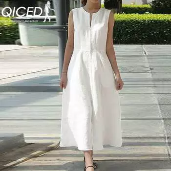 QICED Платье без рукавов с V-образным вырезом и поясом из хлопка и льна под разворотом