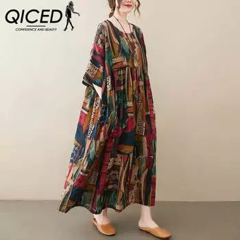 QICED Платье Fat MM в западном стиле, летнее винтажное женское платье больших размеров с круглым вырезом, коротким рукавом и принтом, большая свободная длинная юбка выше колена