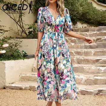 QICED Платье Летнее платье макси с V-образным вырезом и принтом на талии S чёрный