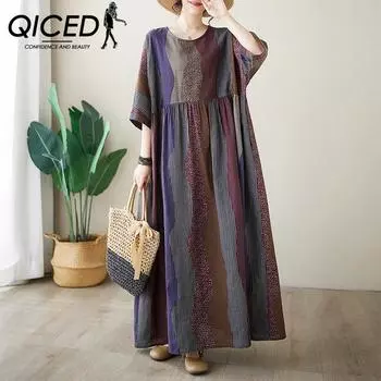 QICED Платье летнее женское платье большого размера из хлопка и льна с круглым вырезом с короткими рукавами в вертикальную полоску, простая богемная длинная юбка