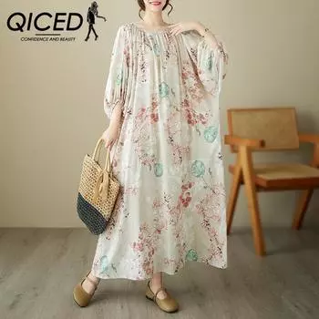 QICED Платье в стиле летних каникул с цветочным принтом, пляжная юбка больших размеров, удобное длинное платье из хлопка и конопли со свободным чехлом в стиле ретро Uniform size