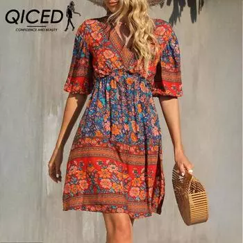 QICED Платья весна-лето с V-образным вырезом и коротким рукавом с принтом в винтажном стиле S оранжевый