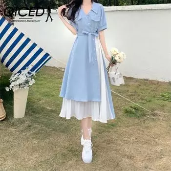 QICED Fake Two Artistic Style V-образный вырез рубашка платье женская летняя французская нежная талия длинная юбка M небесно-голубой