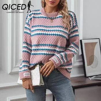 QICED Полосатый круглый вырез свитера Топ Синель свитер Женский свободный мягкий вощеный свитер S розовый