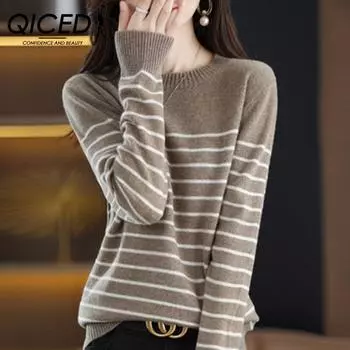 QICED Полосатый свитер осень-зима, повседневный свитер с длинными рукавами, блузка с круглым вырезом Uniform size чёрный