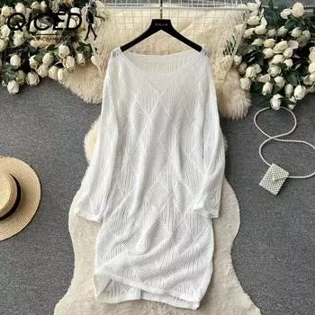 QICED Полый вязальный крючок Цветок Весна Осень Длинный Повседневный Темперамент Ленивый Ветер Смокинг Модное Платье С Длинным Рукавом Uniform size