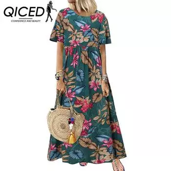 QICED Повседневная женская Свободная рубашка с круглым вырезом и цветочным принтом с коротким рукавом S