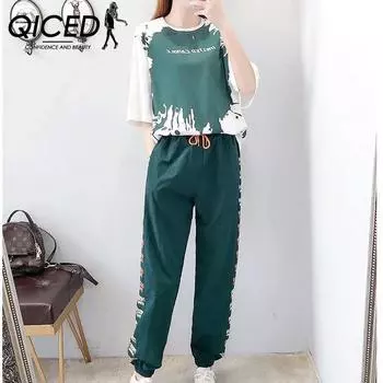 QICED Повседневный спортивный комплект для женщин, свободные летние брюки-харен, длинные, короткие рукава, студенческий комплект из двух предметов M