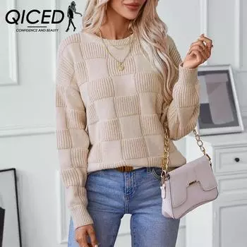 QICED Повседневный свитер-пуловер женский осенне-зимний свободный свитер с круглым вырезом S абрикосовый