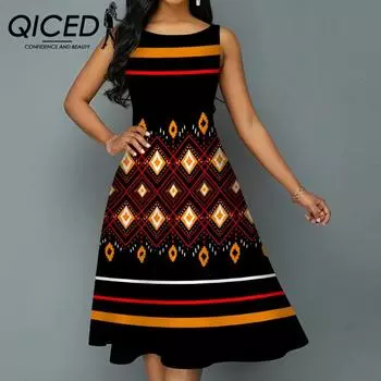 QICED Printed Rainbow Stripe O-Neck Sleeveless Knit A-Line Dress S чёрный
