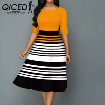 QICED Printed Striped O-Neck Knit A-Line Dress S чёрный