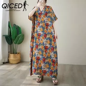 QICED Простое летнее платье из тонкого хлопкового льна с v-образным вырезом и принтом большого размера, свободное платье большого размера в праздничном стиле в стиле ретро