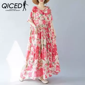 QICED Простое модное длинное платье в стиле бохо, летнее, с коротким рукавом и круглым вырезом, с принтом, женское платье Uniform size