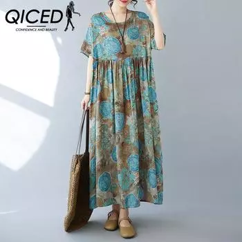 QICED Простое шикарное богемное длинное платье большого размера, летнее платье с большим коротким рукавом и круглым вырезом с принтом