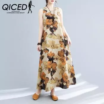QICED Простое шикарное платье макси в стиле бохо Лето плюс большое платье миди без рукавов с круглым вырезом и принтом M