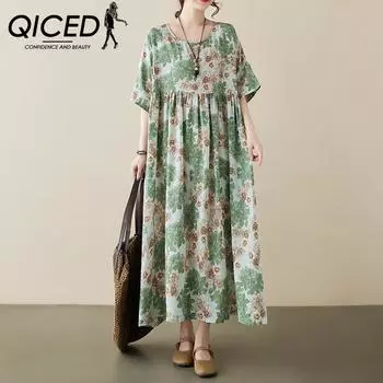 QICED Простое свободное и тонкое богемное платье с короткими рукавами на лето и весну Arcadian