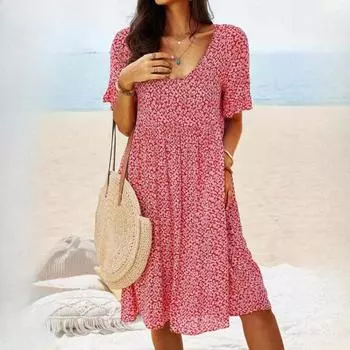 QICED Pullover Printed Long Midi Urban Casual Vintage Women s Short Sleeve Dresses S жёлтый