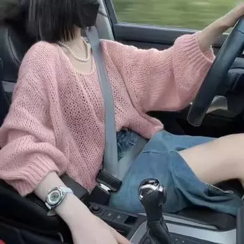 QICED Пуловер с вырезом, мохеровый свитер, женский весенний тонкий свободный ленивый мягкий мягкий вощеный свитер Uniform size синий