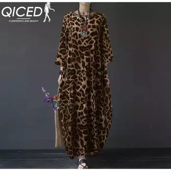 QICED пуловер в национальном стиле из хлопка и льна с принтом в стиле ретро, свободное длинное женское платье больших размеров с круглым вырезом