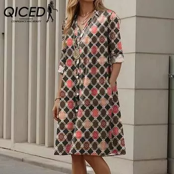 QICED Разноцветная клетчатая ромбовидная клетка с принтом в виде сращивания, свободные элегантные женские платья-рубашки S розовый