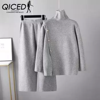 QICED Разработайте уникальный женский свитер с высоким воротом и разрезами, комплект из двух частей: теплые и молодежные повседневные широкие брюки для зимы One Size