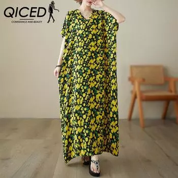 QICED Relaxed Summer Literary V-neck Cotton Silk Batsleeve Loose Dress Robe Long Skirt Comfort