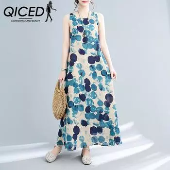 QICED Ретро богемное длинное платье женское летнее шелковое платье без рукавов с цветочным принтом
