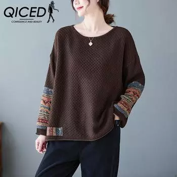 QICED Ретро-национальный стиль аппликация хлопковая нить вязаный свитер женский осень-зима свободный литературный круглый вырез пуловер топ