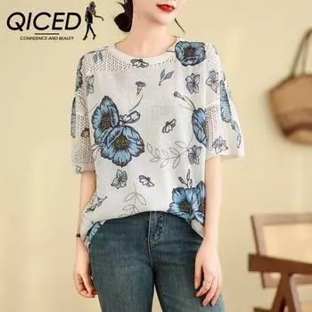 QICED Ретро Стиль Полая Трикотажная Футболка с Короткими Рукавами Женская Летняя Тонкая Свободная Топ Больших Размеров M