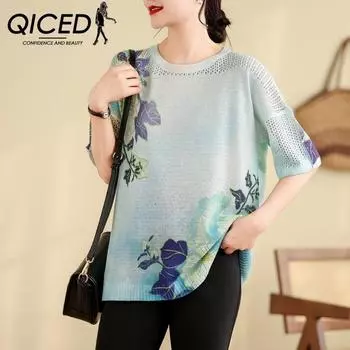 QICED Ретро Стиль Полая Трикотажная Футболка с Короткими Рукавами Женская Летняя Тонкая Свободная Топ Больших Размеров M
