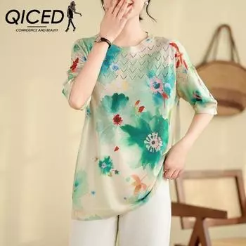 QICED Ретро Стиль Полая Трикотажная Футболка с Короткими Рукавами Женская Летняя Тонкая Свободная Топ Больших Размеров M