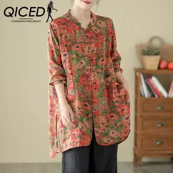 QICED Хлопковая и льняная рубашка с принтом, женская свободная верхняя часть, ретро-пальто средней длины из льна, весна-осень L красный