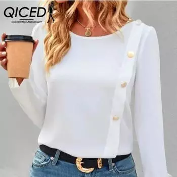 QICED Рубашка с круглым вырезом, украшенная пуговицами. Осенняя повседневная футболка с длинными рукавами для женщин. S белый