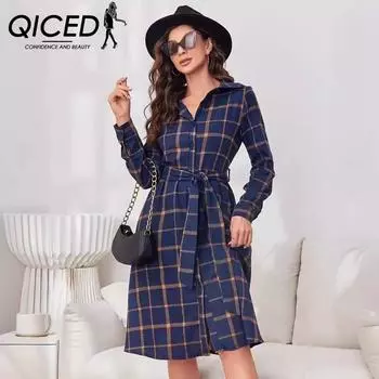 QICED Рубашка женская клетчатая с лацканами и длинным рукавом, на шнуровке, длинное платье, кардиган, длинная рубашка S синий