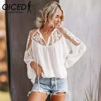 QICED Сексуальная перспектива V-образный вырез кружева рубашка рубашка S белый
