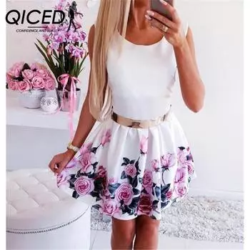 QICED Сексуальное платье с круглым вырезом и талией с принтом розы XS чёрный