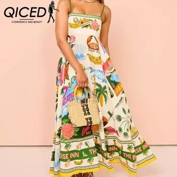 QICED сексуальное женское платье-халат с принтом в виде граффити из хлопка и льна S