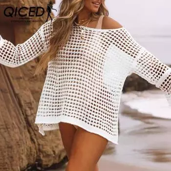 QICED Сексуальный трикотажный женский купальник-бикини для отдыха на море с пляжной свободной рубашкой с солнцезащитным кремом S белый