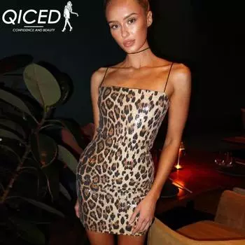QICED Сексуальная мода леопардовый принт уличный стиль ночной клуб все ремешок бисер платье женская одежда S