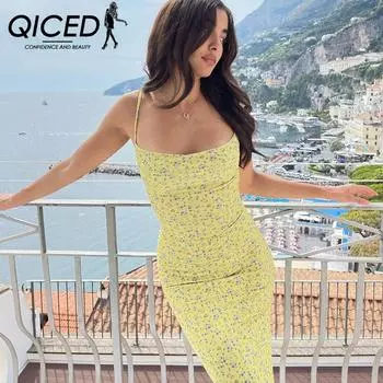 QICED Сексуальное облегающее платье с открытой спиной и цветочным принтом для женщин S жёлтый