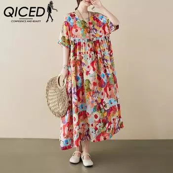 QICED Short Sleeve O-Neck Simple Rural Style Summer Art Big Size Loose Dress Female