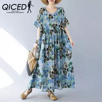 QICED Простое шикарное богемное длинное платье, летнее платье с большим коротким рукавом и круглым вырезом с принтом Uniform size