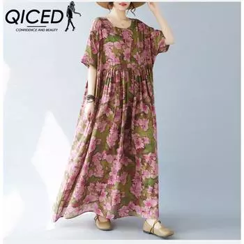 QICED Простое модное длинное платье в стиле бохо, летнее, большого размера, для полных, с короткими рукавами и круглым вырезом, принтованное платье, импортная торговля, для женщин Uniform size