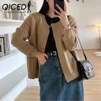 QICED Простой стиль круглый вырез свитер пальто женский осенний повседневный свободный ретро свободный перекрученный ленивый трикотажный топ Uniform size серый