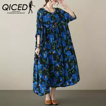 QICED Синее женское платье большого размера из конопли и хлопка большого размера на весну и лето, толстая мм плюс толстая плюс с короткими рукавами, свободная юбка трапециевидной формы женская