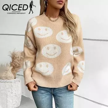 QICED Smiley Face Pattern свитер-свитер женский осенне-зимний свободный свитер с круглым вырезом для женщин S хаки